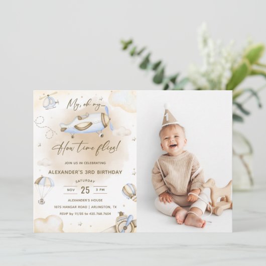 飛行機ああ私のタイムフライ旅行誕生日写真 招待状 (スタンド正面)