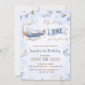 飛行機ああ私のタイムフライ旅行1歳の誕生日 招待状 (正面)