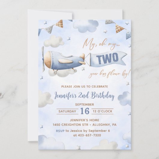飛行機ああ私のタイムフライ旅行2回目の誕生日 招待状 (正面)