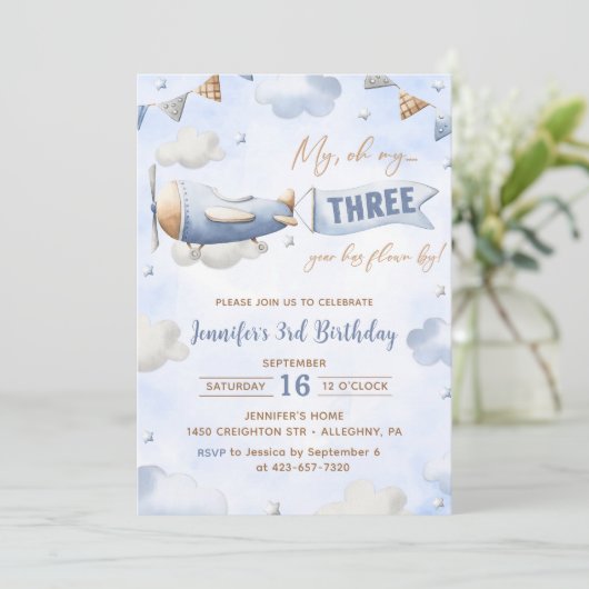 飛行機ああ私のタイムフライ旅行3歳の誕生日 招待状 (スタンド正面)