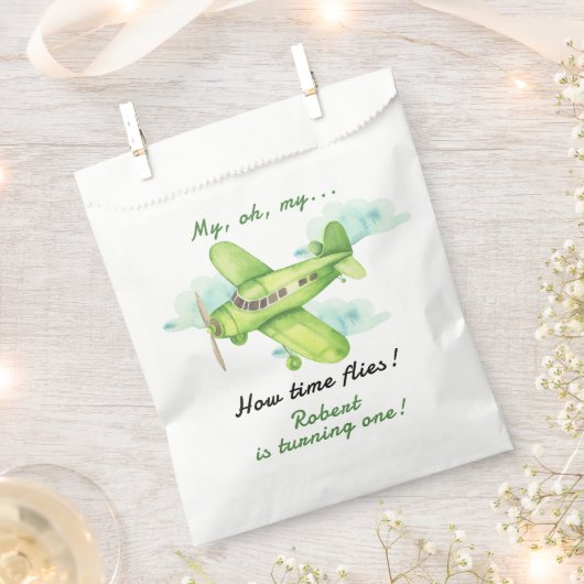 飛行機ああ私のタイムフライ最初の誕生日 フェイバーバッグ (クリップ留めされた状態)