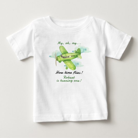 飛行機ああ私のタイムフライ最初の誕生日 ベビーTシャツ (正面)