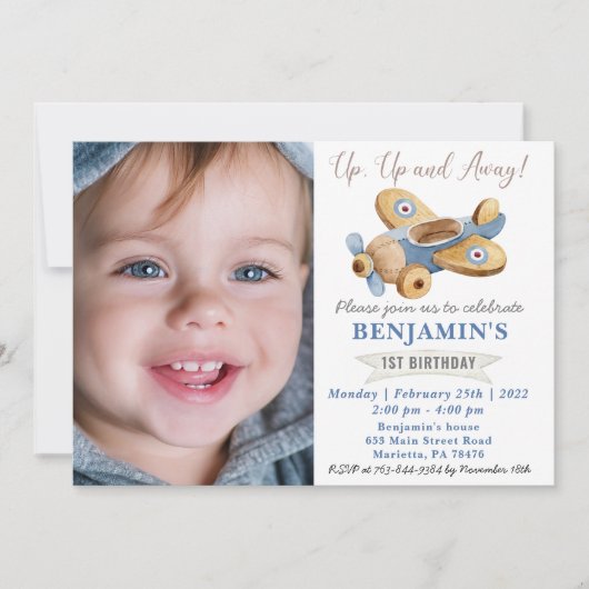 飛行機おもちゃ1歳の誕生日と写真 招待状 (正面)