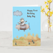 飛行機が好きな男の赤ちゃんのための最初の誕生日 カード (黄色い花)