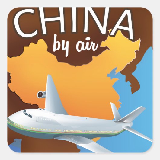 飛行機で中国へ トラベルポスター スクエアシール (正面)