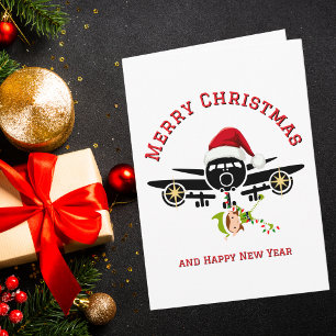 飛行機とカスタム写真のクリスマスに飛び跳ねる面白いエルフ カード
