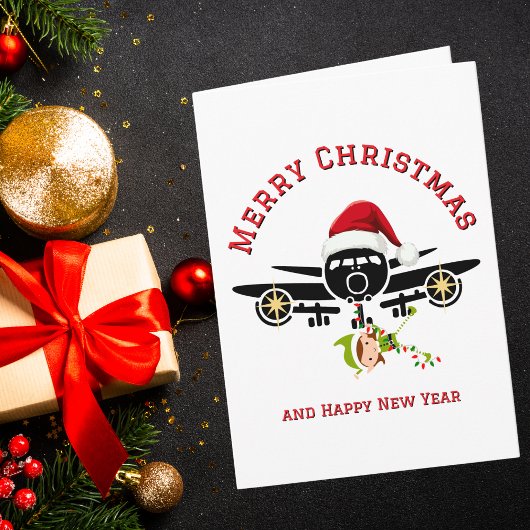 飛行機とカスタム写真のクリスマスに飛び跳ねる面白いエルフ カード