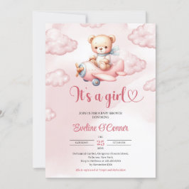 飛行機とガールピンクのテディベアパイロット 招待状