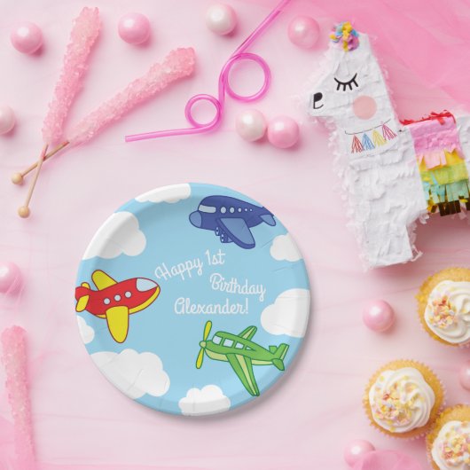 飛行機とジェット機かわいい1歳の誕生日パーティー ペーパープレート (パーティー)