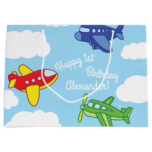 飛行機とジェット機かわいい1歳の誕生日パーティー ラージペーパーバッグ (正面)