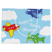 飛行機とジェット機かわいい1歳の誕生日パーティー ラージペーパーバッグ (裏面)