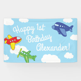 飛行機とジェット機かわいい1歳の誕生日パーティー 横断幕