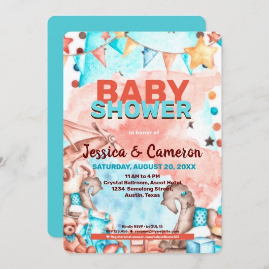 飛行機とテディがベビーシャワー招待状 招待状 (正面/裏面)