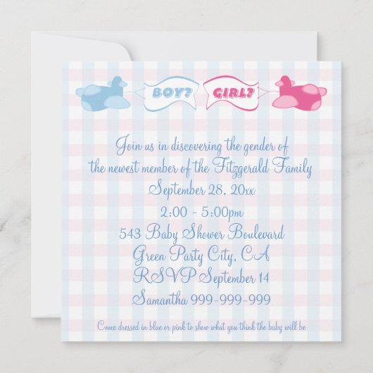 飛行機とバナージンガムのジェンダーがパーティー 招待状 (裏面)