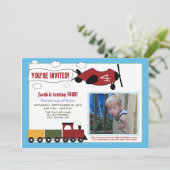 飛行機と列車の誕生日パーティー招待状(青) 招待状 (スタンド正面)