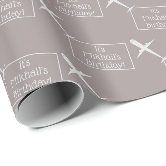 飛行機と名旗の子供の誕生日、ほこりっぽい灰色 ラッピングペーパー (ロールコーナー)