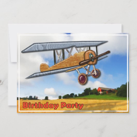 飛行機と田園の誕生日招待状（木製の複葉機） 招待状 (正面)