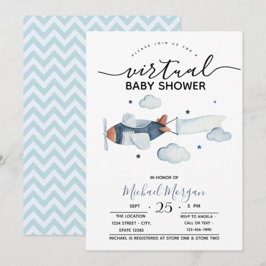 飛行機と雲のジグザグ バーチャルベビーシャワー 招待状 (正面/裏面)