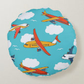 飛行機と雲、シームレスな子供の背景 ラウンドクッション (裏面)