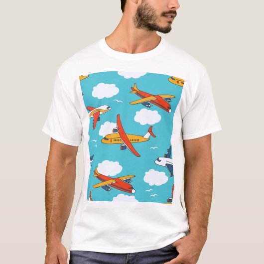 飛行機と雲、シームレスな子供の背景 Tシャツ (正面)
