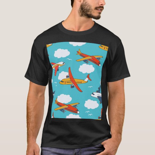 飛行機と雲、シームレスな子供の背景 Tシャツ (正面)