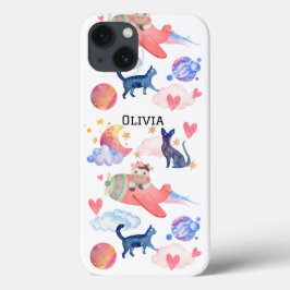 飛行機に乗ったかわいい牛、宇宙、猫、月、星 iPhone 13ケース