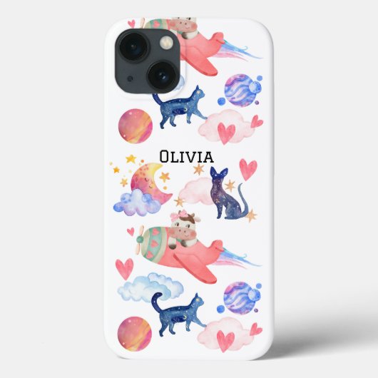 飛行機に乗ったかわいい牛、宇宙、猫、月、星 Case-Mate iPhoneケース (裏面)