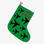 飛行機に乗ったサンタハットの猫 ラージクリスマスストッキング (正面 (吊り時))