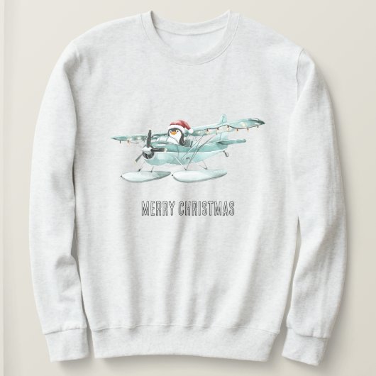 飛行機に乗ったペンギンのクリスマス スウェットシャツ (デザイン正面)