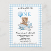 飛行機に乗った青いテディベアの1歳誕生日 ポストカード (正面)