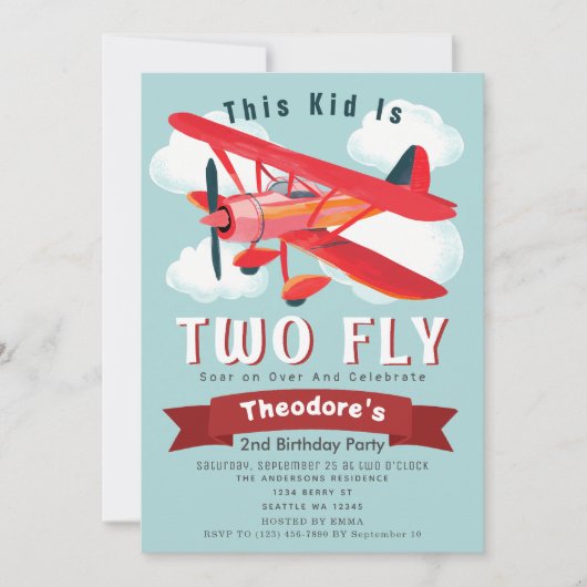飛行機に乗って！2歳の誕生日パーティー招待状 招待状 (正面)