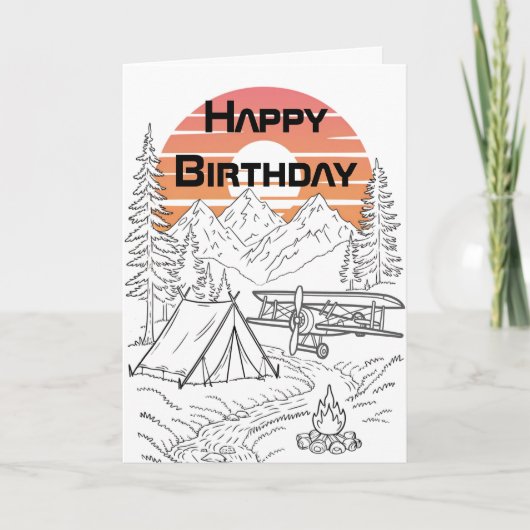 飛行機のキャンプ、山、日没、誕生日 カード (正面)