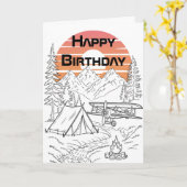 飛行機のキャンプ、山、日没、誕生日 カード (黄色い花)