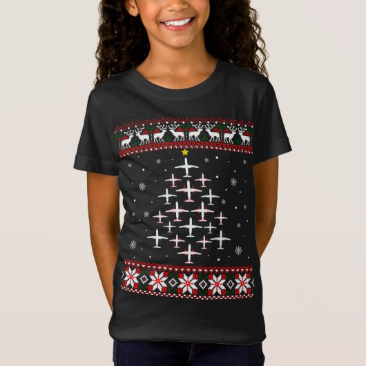飛行機のクリスマスおもしろいの醜いクリスマスセーター Tシャツ (正面)