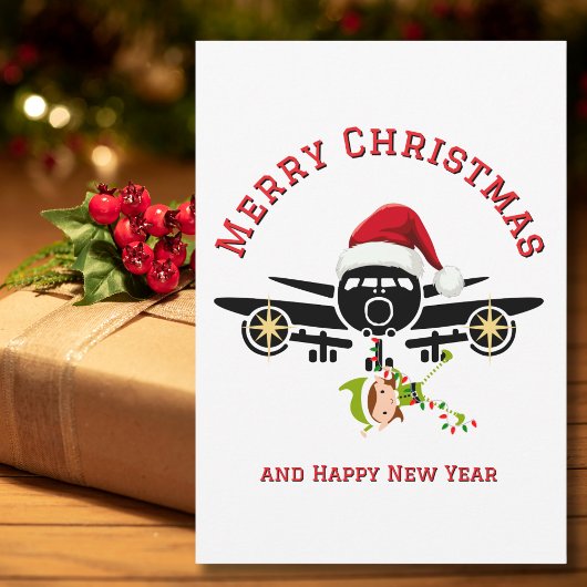 飛行機のサンタ帽子とエルフのカスタムクリスマスフォト シーズンカード