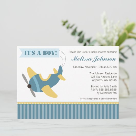 飛行機のストライプな男の子のベビーシャワー招待状 招待状 (スタンド正面)
