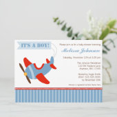 飛行機のストライプの赤い警官のベビーシャワー 招待状 (スタンド正面)