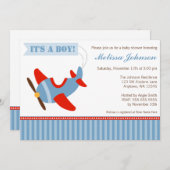 飛行機のストライプの赤い警官のベビーシャワー 招待状 (正面/裏面)