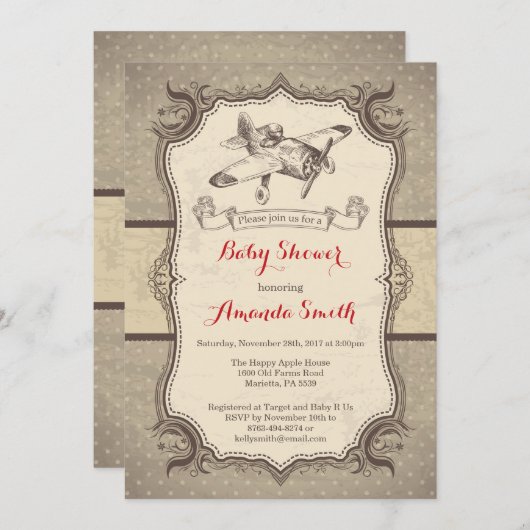 飛行機のベビーシャワーの招待状のヴィンテージのレトロ 招待状 (正面/裏面)