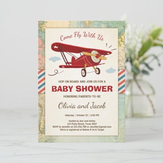 飛行機のベビーシャワーの招待状旅行冒険 招待状 (スタンド正面)