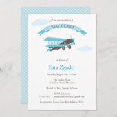 飛行機のベビーシャワーの招待状-青およびブラウン 招待状 (正面/裏面)