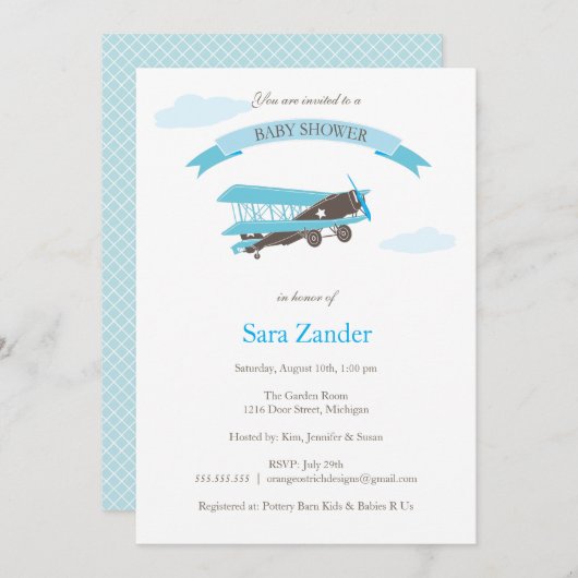 飛行機のベビーシャワーの招待状-青およびブラウン 招待状 (正面/裏面)