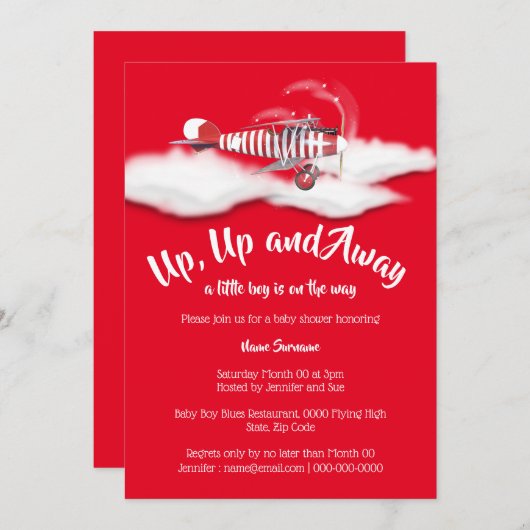 飛行機のベビーシャワーの旅行少年のヴィンテージ 招待状 (正面/裏面)
