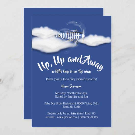 飛行機のベビーシャワーは男の子達を青に送る 招待状 (正面/裏面)