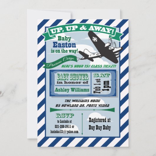 飛行機のベビーシャワー招待チケットカスタム 招待状 (正面)