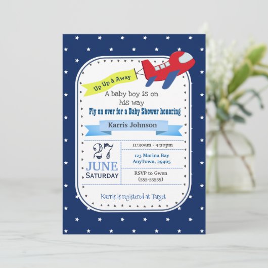 飛行機のベビーシャワー招待状赤とネイビーブルー 招待状 (スタンド正面)