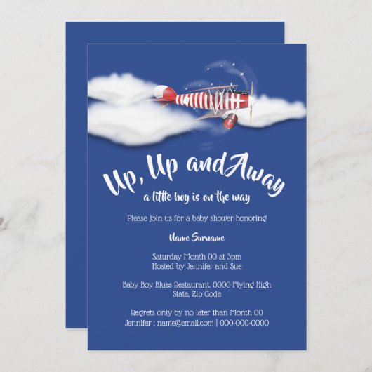飛行機のベビーシャワー旅行少年青い赤 招待状 (正面/裏面)