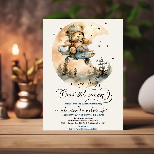 飛行機の上の月テディベア赤ちゃんシャワー 招待状