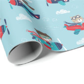 飛行機の中で可愛い動物をブルーラッピング紙 ラッピングペーパー (ロールコーナー)