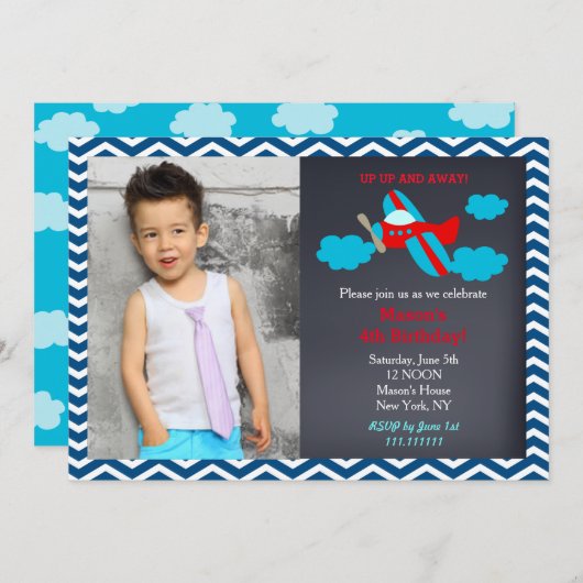 飛行機の写真のバースデーパーティ招待状 招待状 (正面/裏面)